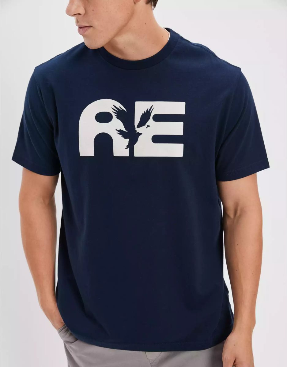 T Shirt Graphique American Eagle AE Super Soft Logo Bleu Marine Homme | GIZ-67504363